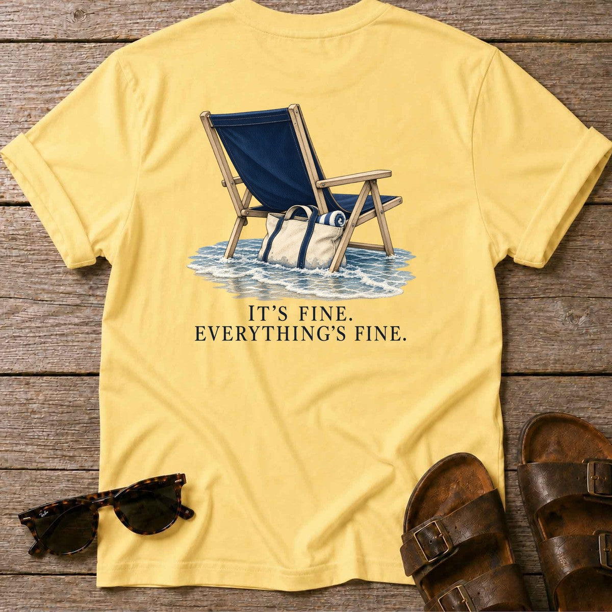 Everything's Fine Beach Chair Back Design T-Shirt in Daisy, Salty Paws T-Shirt, back design flat lay