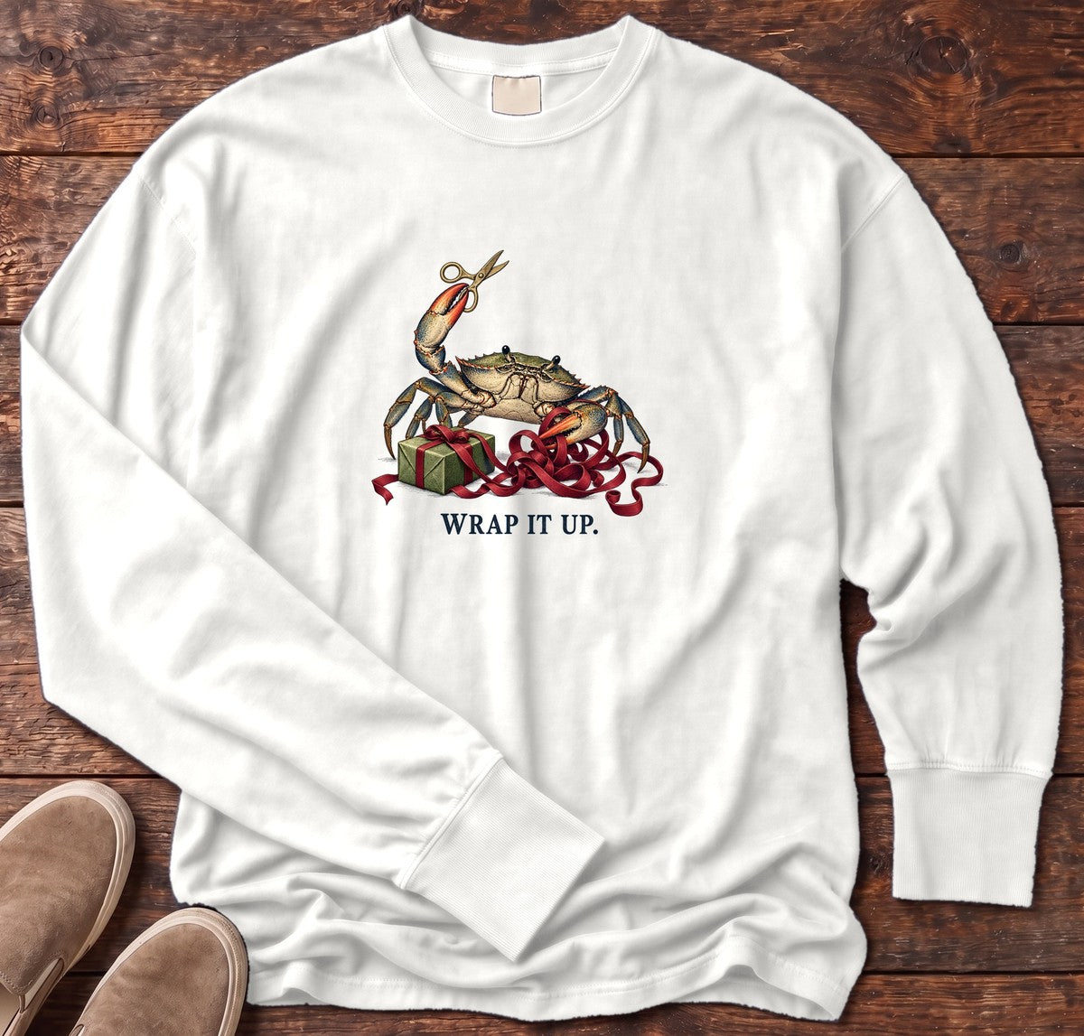 Wrap It Up Crab Long Sleeve Tee in White, Salty Paws Comfort Colors Long Sleeve Tee, front design flat lay