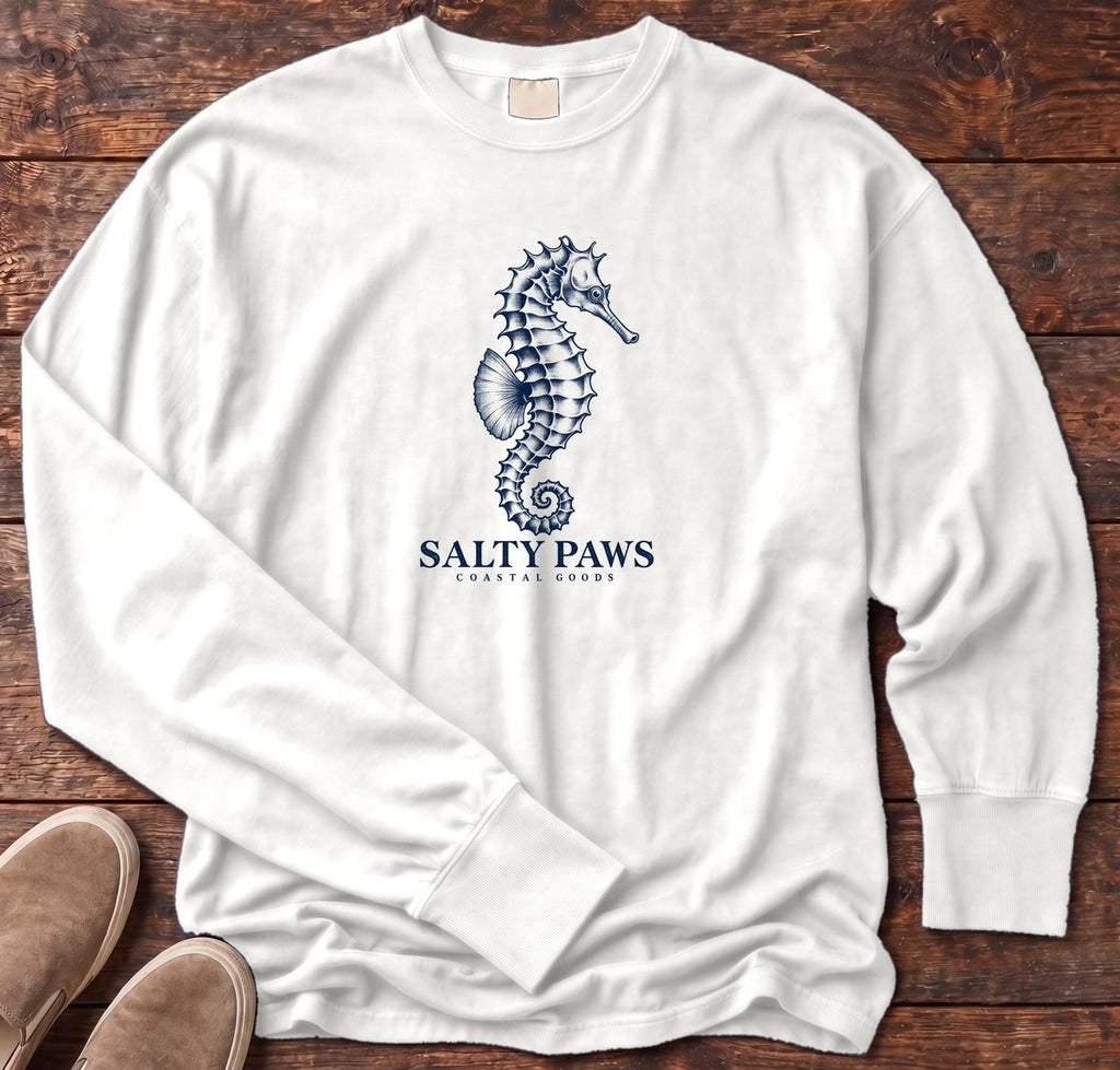 Seahorse Coastal Goods Long Sleeve Tee in White, Salty Paws Comfort Colors Long Sleeve Tee, front design flat lay