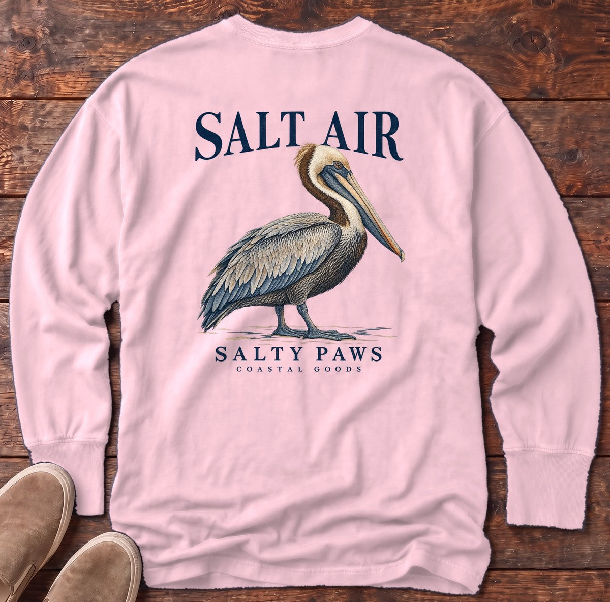 Salt Air Pelican Salty Paws Coastal Goods Back Design Long Sleeve Tee in Blossom, Salty Paws Comfort Colors Long Sleeve Tee, back design flat lay