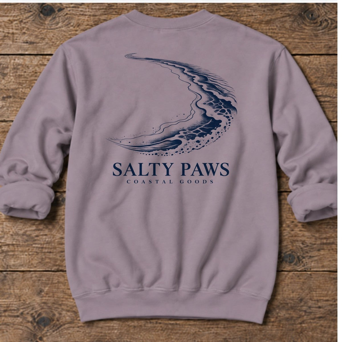 Crescent Shoreline Coastal Goods Back Design Midweight Sweatshirt in Paragon, Salty Paws Midweight Sweatshirt, back design flat lay