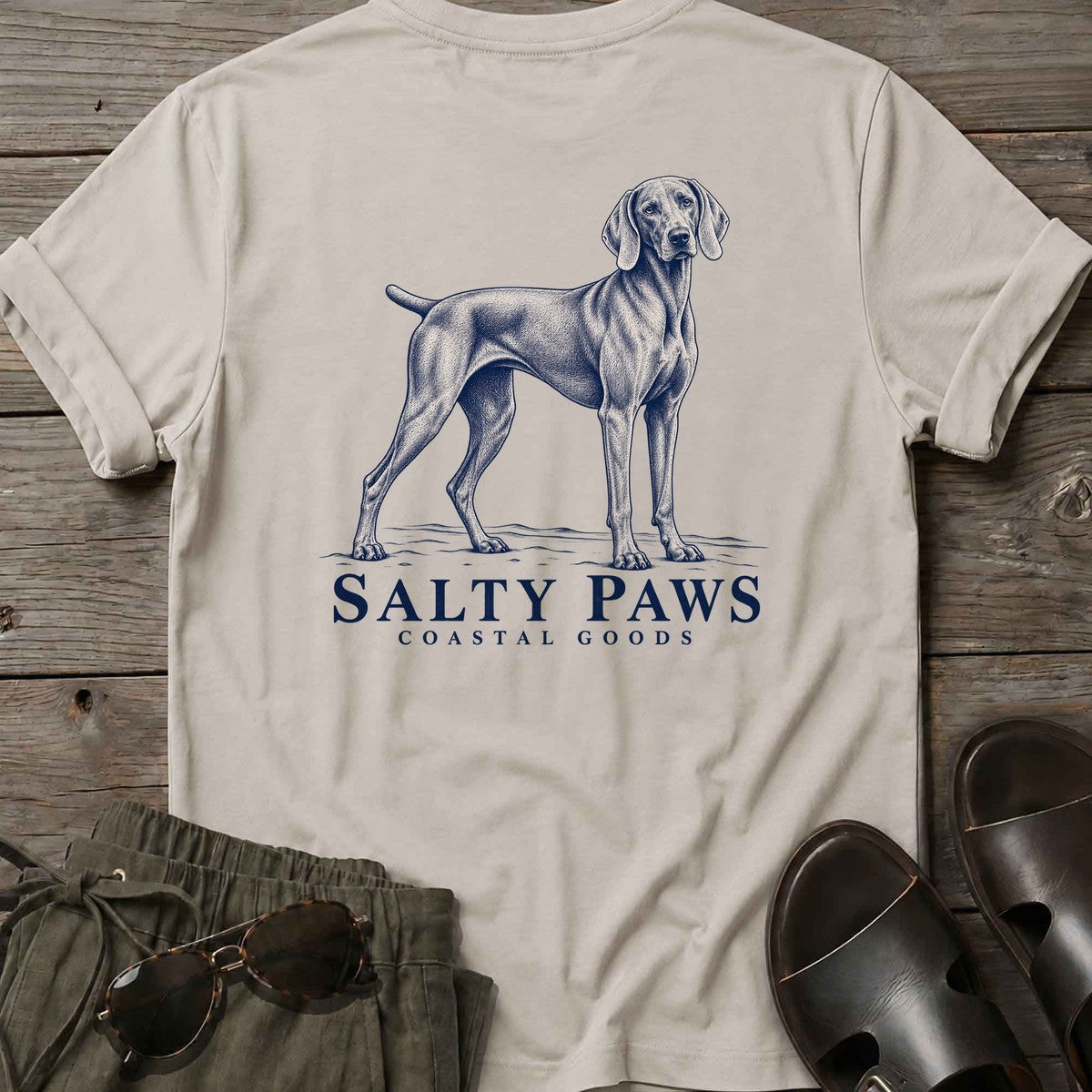 Weimaraner Coastal Goods Back Design T-Shirt in Ice Grey, Salty Paws T-Shirt, back design flat lay