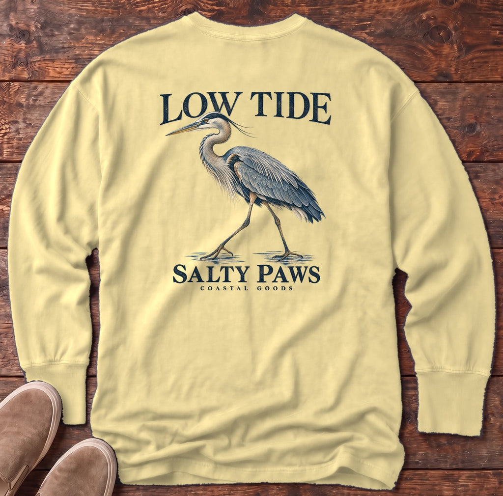 Low Tide Heron Salty Paws Coastal Goods Back Design Long Sleeve Tee in Butter, Salty Paws Comfort Colors Long Sleeve Tee, back design flat lay