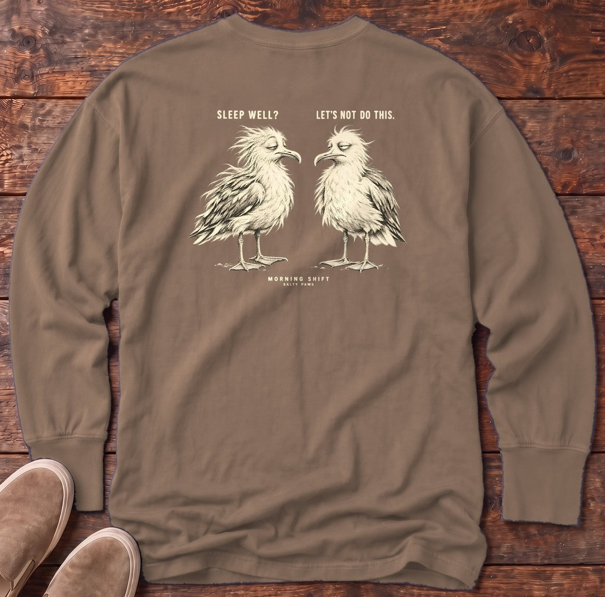 Morning Shift Gulls Back Design Long Sleeve Tee in Espresso, Salty Paws Comfort Colors Long Sleeve Tee, back design flat lay