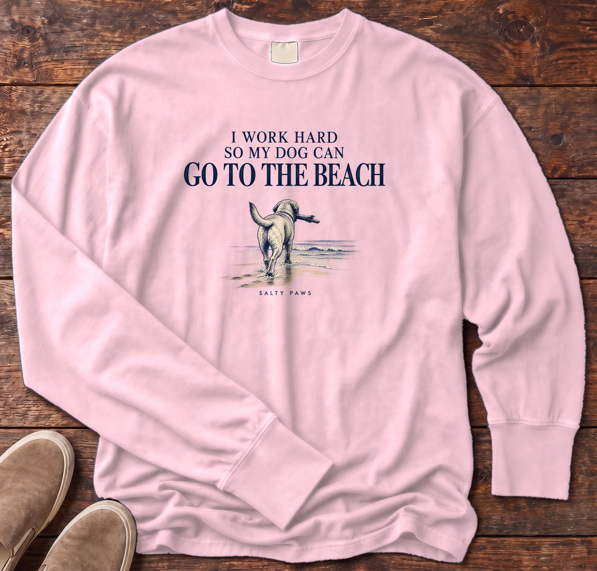 I Work Hard So My Dog Can Go to the Beach Long Sleeve Tee in Blossom, Salty Paws Comfort Colors Long Sleeve Tee, front design flat lay