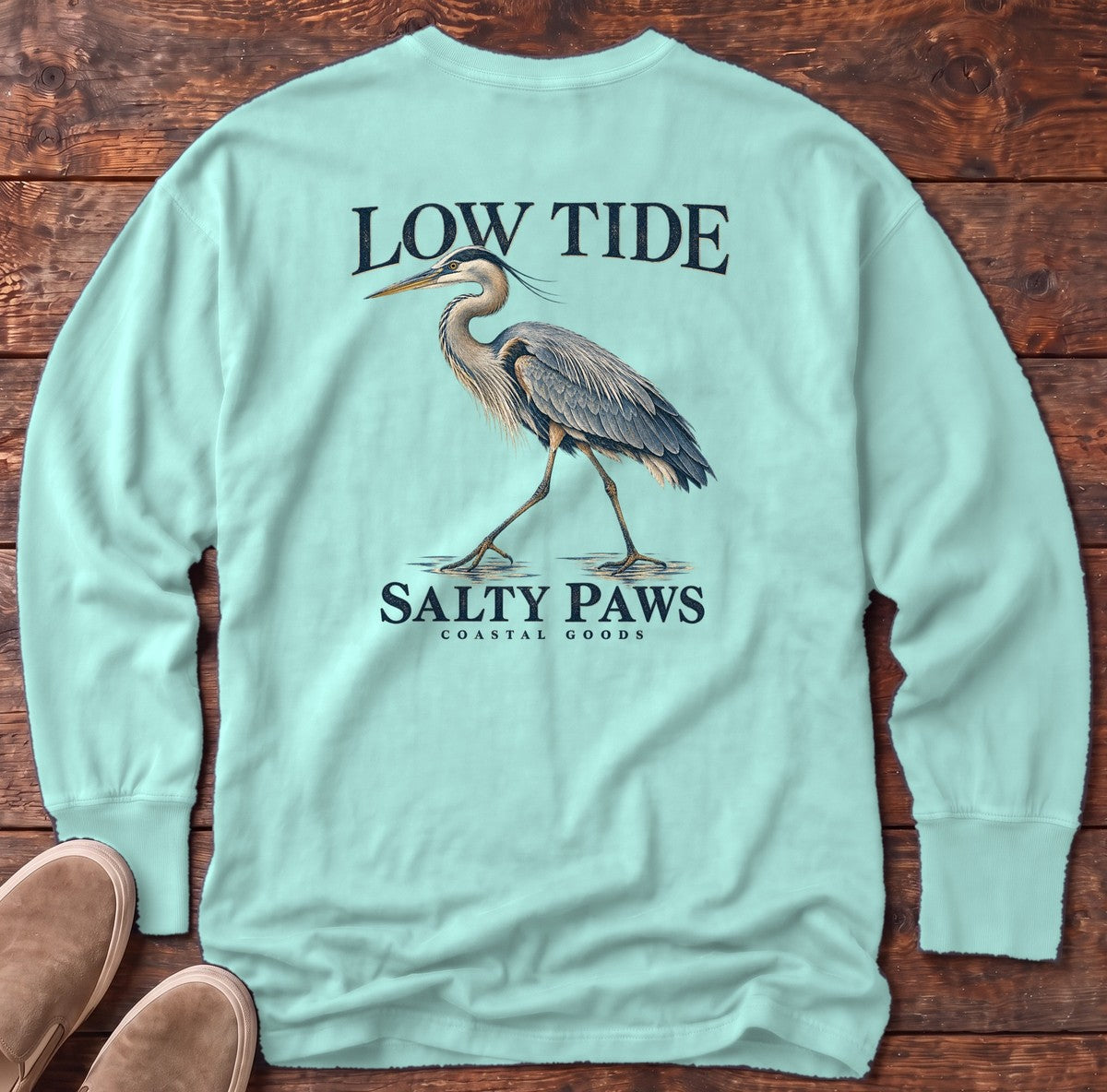 Low Tide Heron Salty Paws Coastal Goods Back Design Long Sleeve Tee in Chalky Mint, Salty Paws Comfort Colors Long Sleeve Tee, back design flat lay