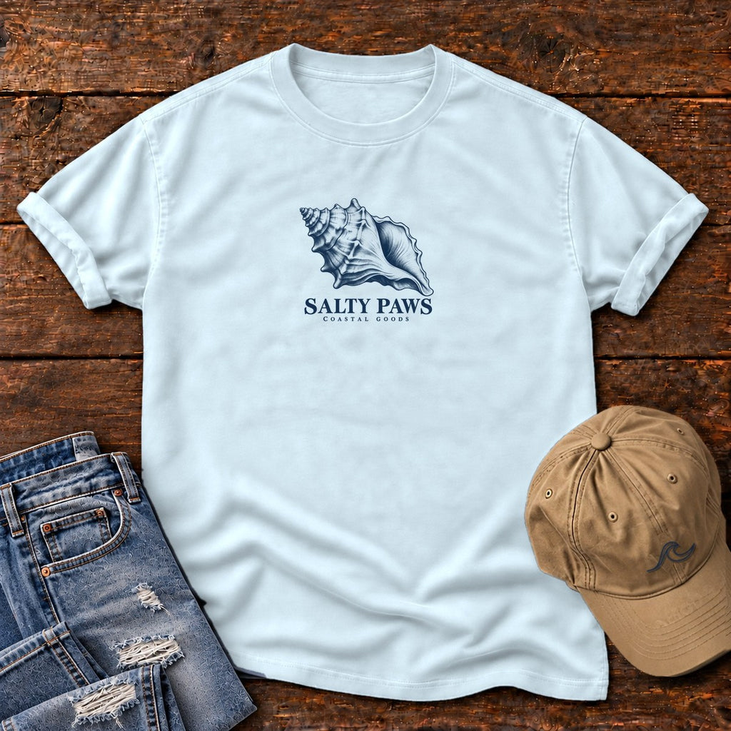 Conch Shell T-Shirt in Chambray, Salty Paws Comfort Colors T-Shirt, front design flat lay