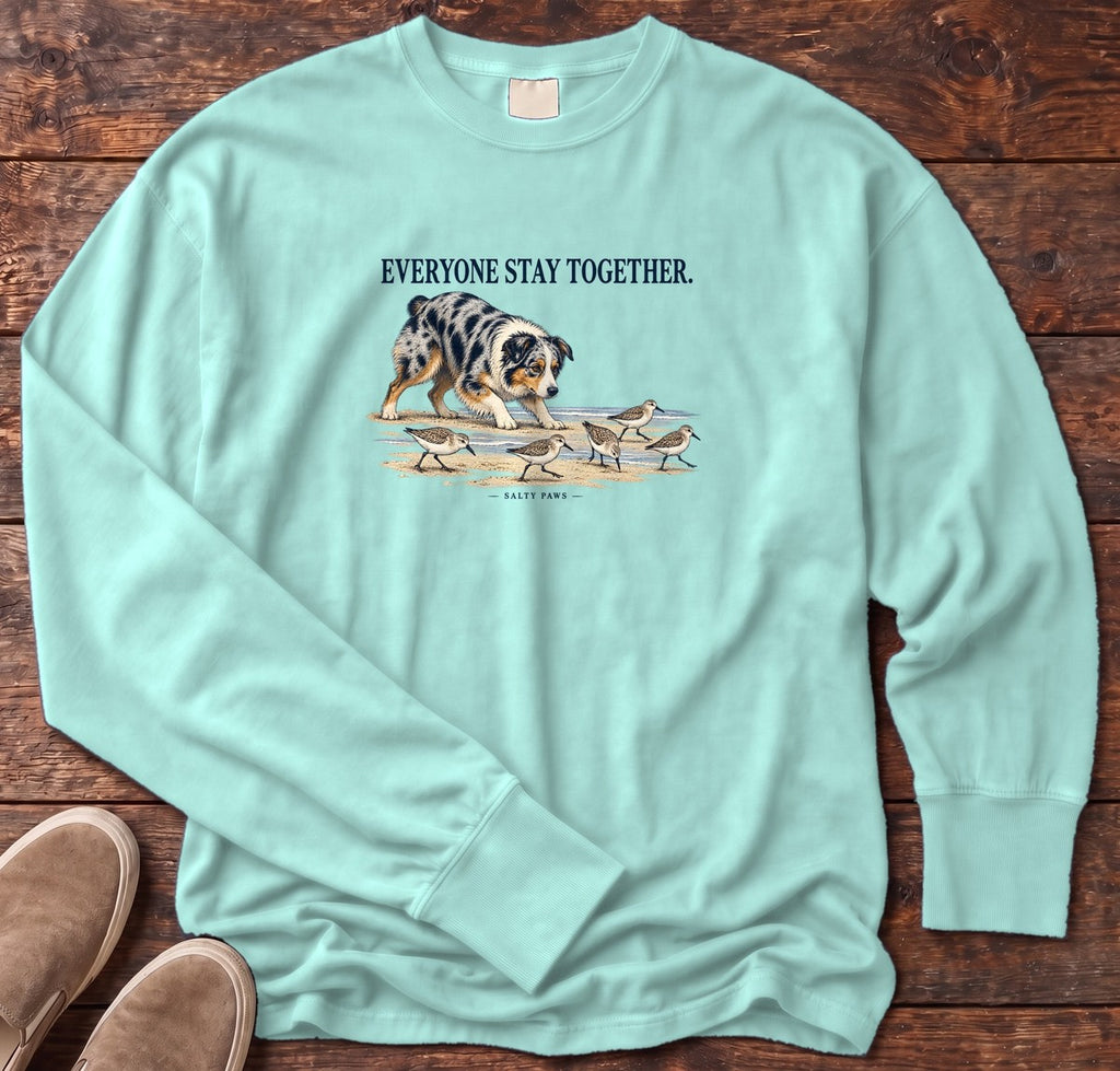 Everyone Stay Together Australian Shepherd Long Sleeve Tee in Chalky Mint, Salty Paws Comfort Colors Long Sleeve Tee, front design flat lay