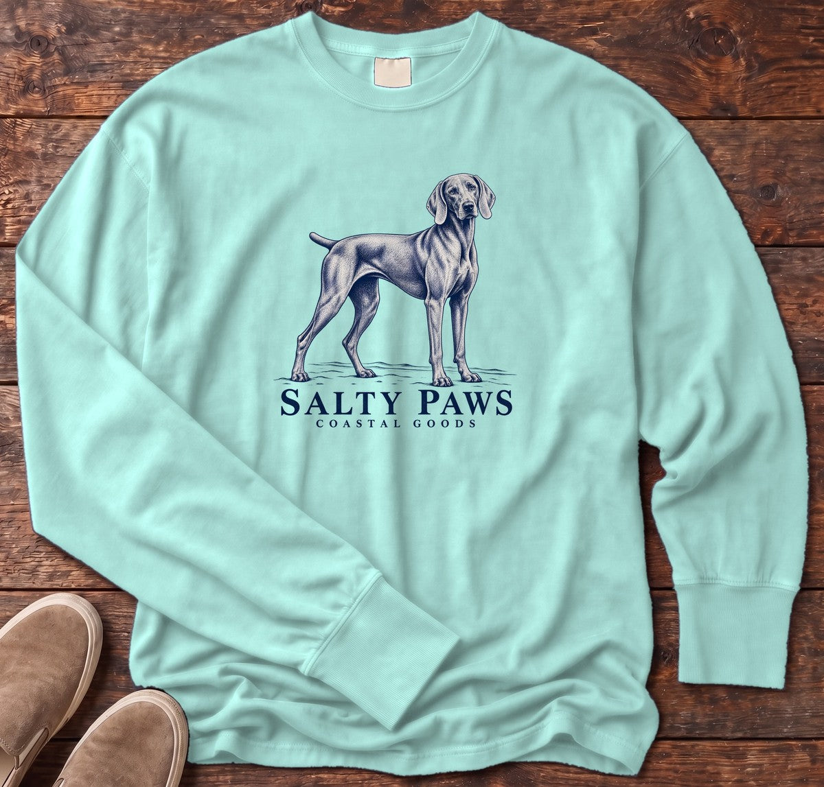 Weimaraner Coastal Goods Long Sleeve Tee in Chalky Mint, Salty Paws Comfort Colors Long Sleeve Tee, front design flat lay