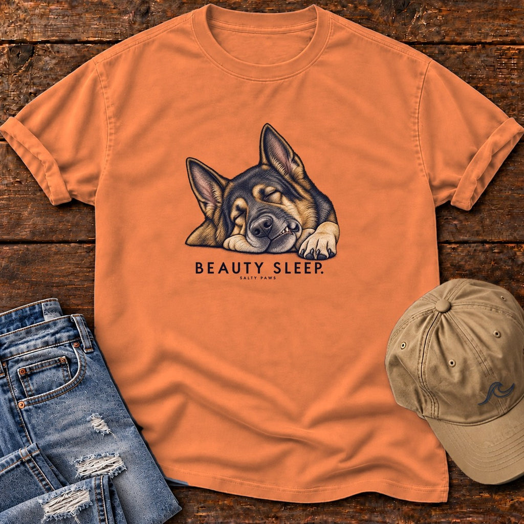 Beauty Sleep German Shepherd T-Shirt in Burnt Orange, Salty Paws Comfort Colors T-Shirt, front design flat lay