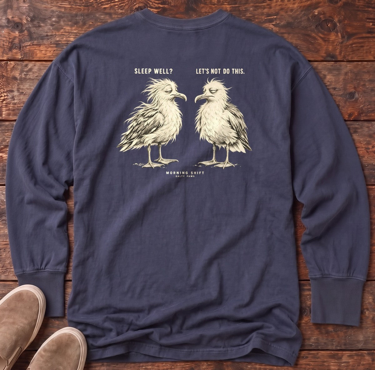 Morning Shift Gulls Back Design Long Sleeve Tee in True Navy, Salty Paws Comfort Colors Long Sleeve Tee, back design flat lay
