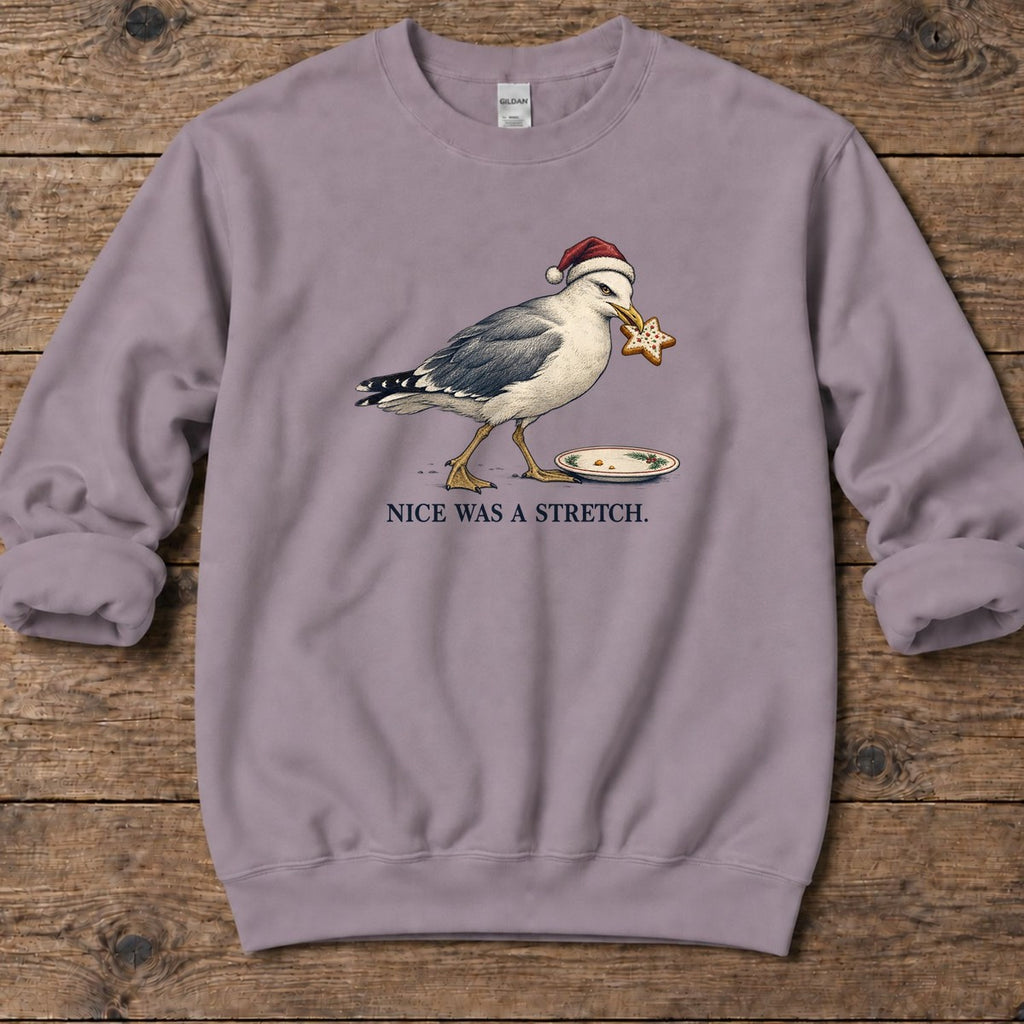 Nice Was a Stretch Seagull Midweight Sweatshirt in Paragon, Salty Paws Midweight Sweatshirt, front design flat lay