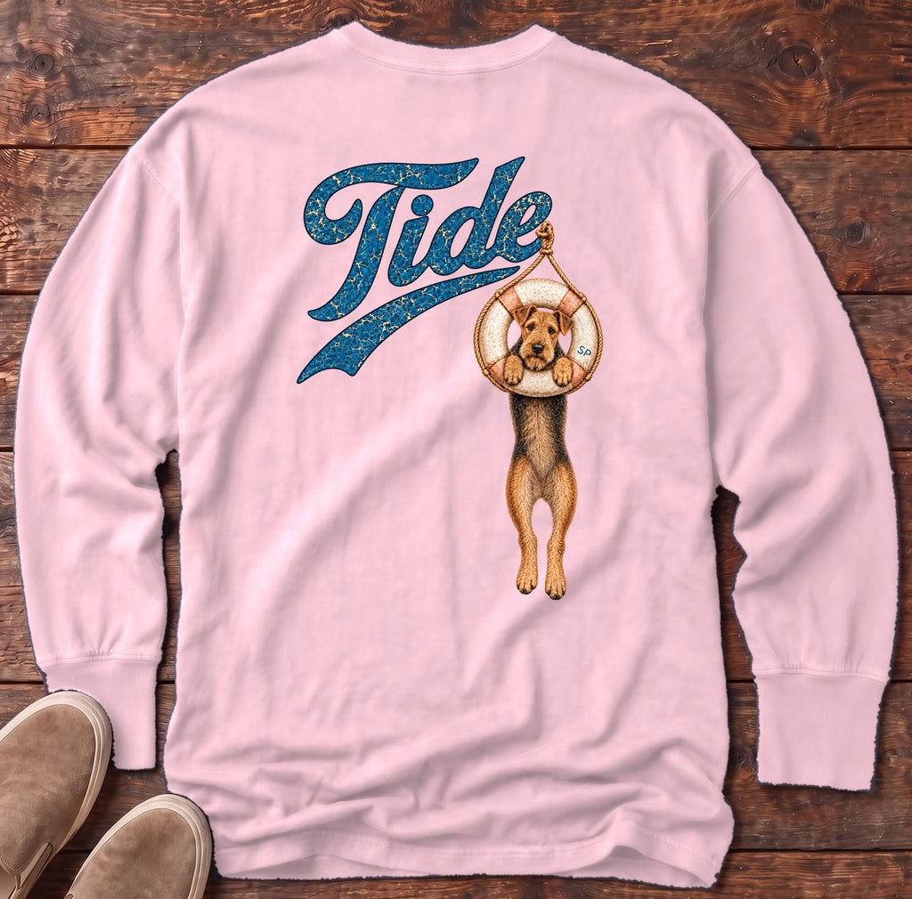 Tide Airedale Back Design Long Sleeve Tee in Blossom, Salty Paws Comfort Colors long sleeve tee