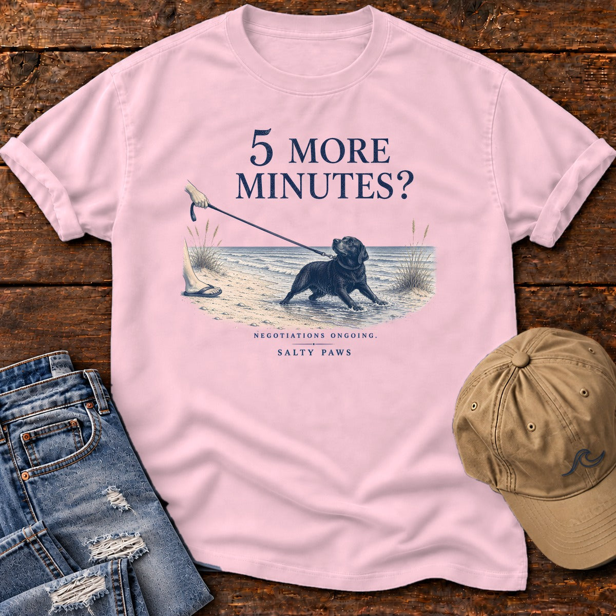 5 More Minutes? Labrador Comfort Colors T-Shirt in Blossom, front design flat lay