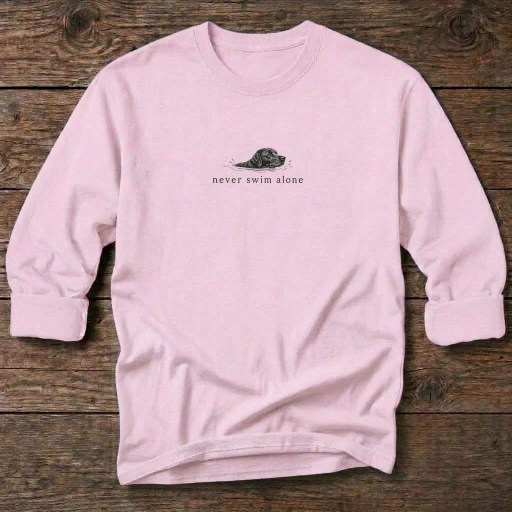 Never Swim Alone Lab Dog T-Shirt in Light Pink, Salty Paws coastal long sleeve tee