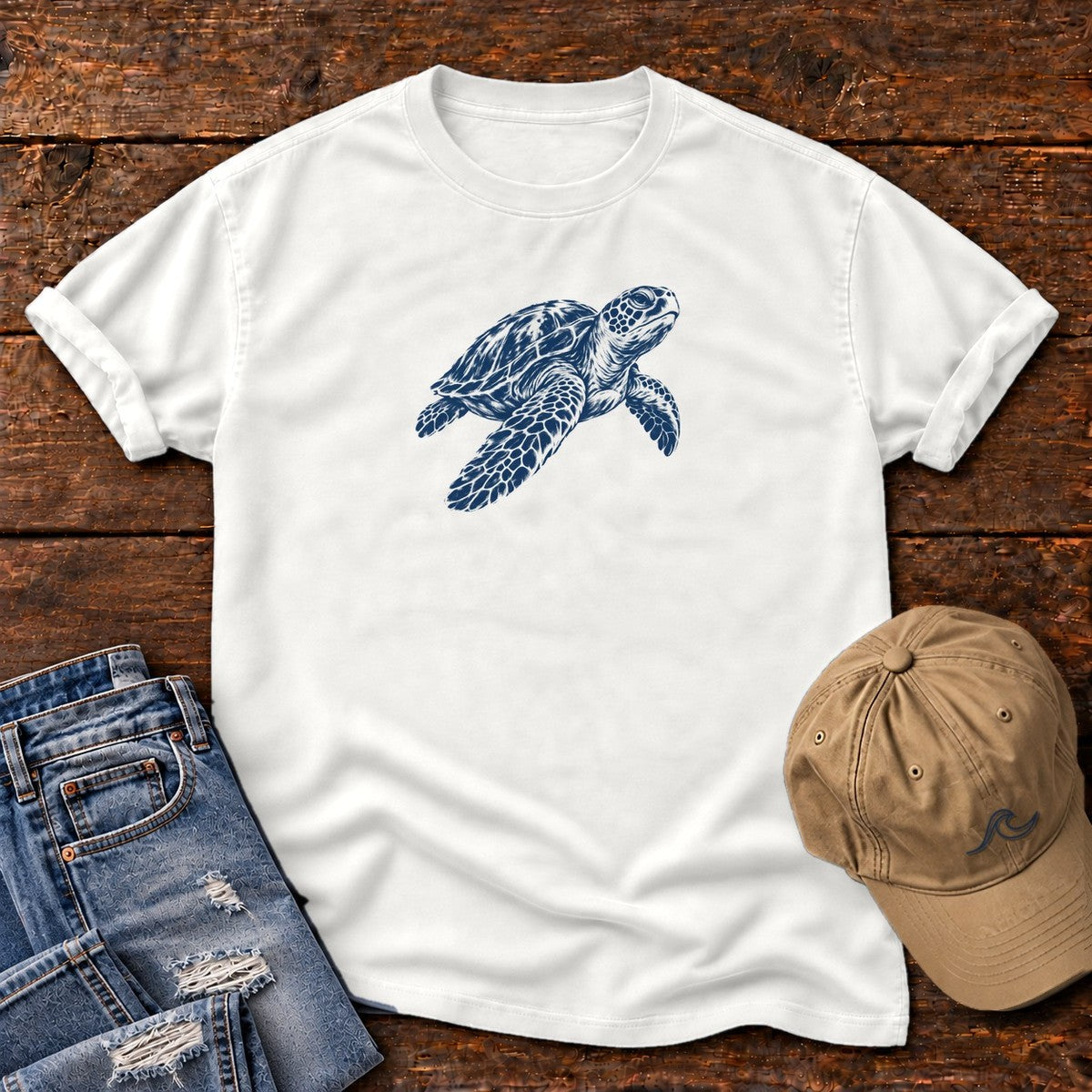 Sea Turtle T-Shirt in White, Salty Paws Comfort Colors T-Shirt, front design flat lay