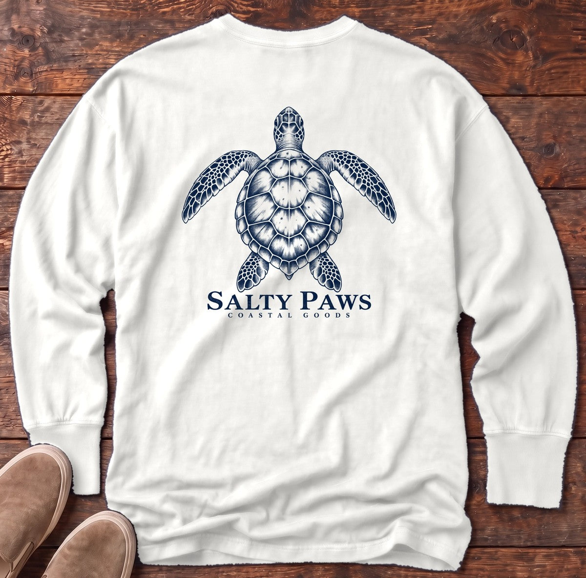 Sea Turtle Coastal Goods Back Design Long Sleeve Tee in White, Salty Paws Comfort Colors Long Sleeve Tee, back design flat lay