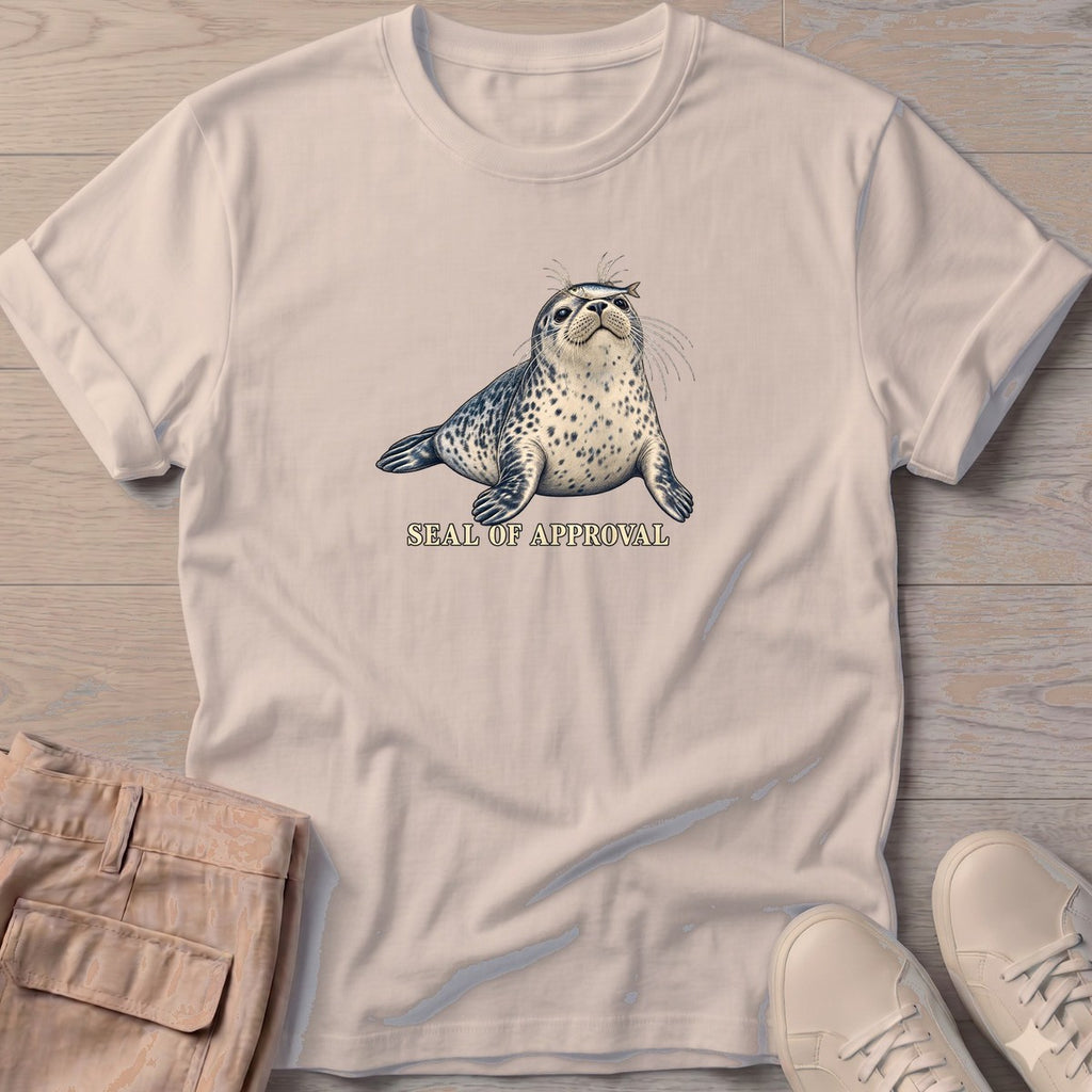 Seal of Approval T-Shirt in Sand, Salty Paws T-Shirt, front design flat lay