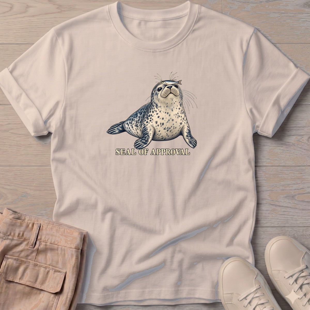 Seal of Approval T-Shirt in Sand, Salty Paws T-Shirt, front design flat lay