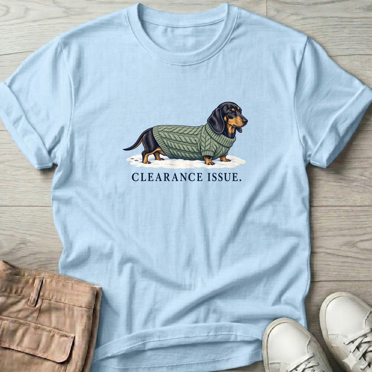 Clearance Issue Dachshund T-Shirt in Light Blue, Salty Paws T-Shirt, front design flat lay