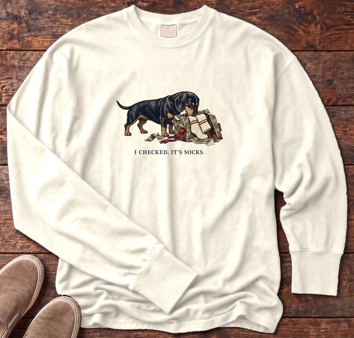 I Checked It's Socks Dachshund Long Sleeve Tee in Ivory, Salty Paws Comfort Colors Long Sleeve Tee, front design flat lay