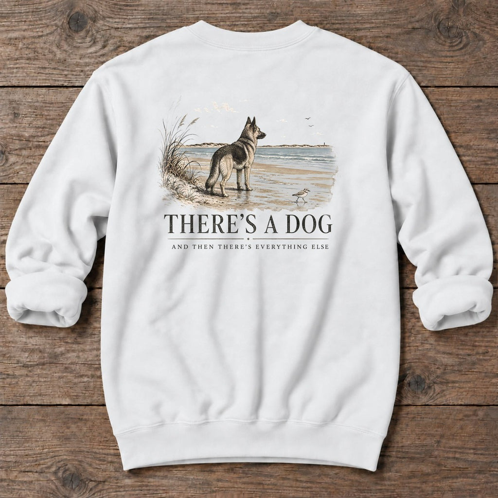 There's a Dog Shepherd Back Design Midweight Sweatshirt in White, Salty Paws coastal sweatshirt
