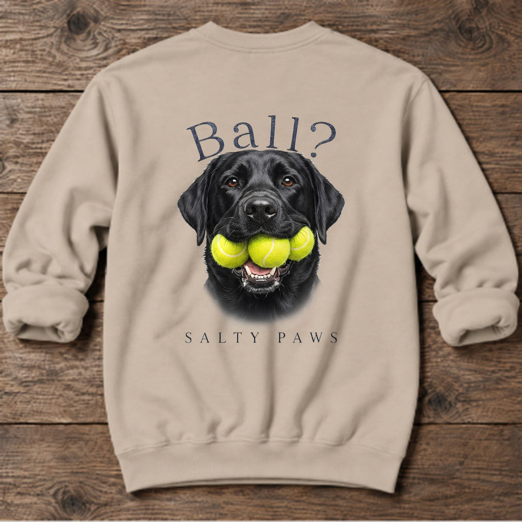 Ball? Black Lab Back Design Midweight Sweatshirt in Sand, Salty Paws coastal sweatshirt