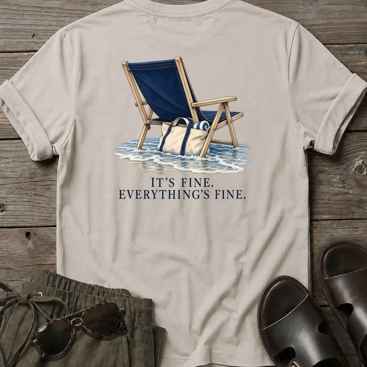 Everything's Fine Beach Chair Back Design T-Shirt in Ice Grey, Salty Paws T-Shirt, back design flat lay