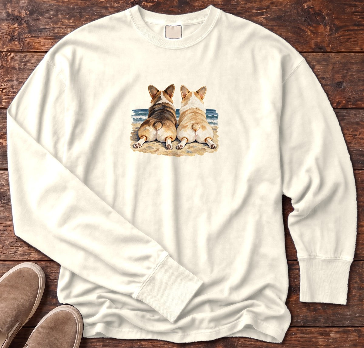 Two Corgis at the Ocean Long Sleeve Tee in Ivory, Salty Paws Comfort Colors Long Sleeve Tee, front design flat lay