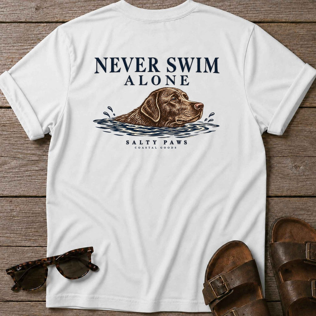 Never Swim Alone Chocolate Lab Back Design T-Shirt in White, back design flat lay