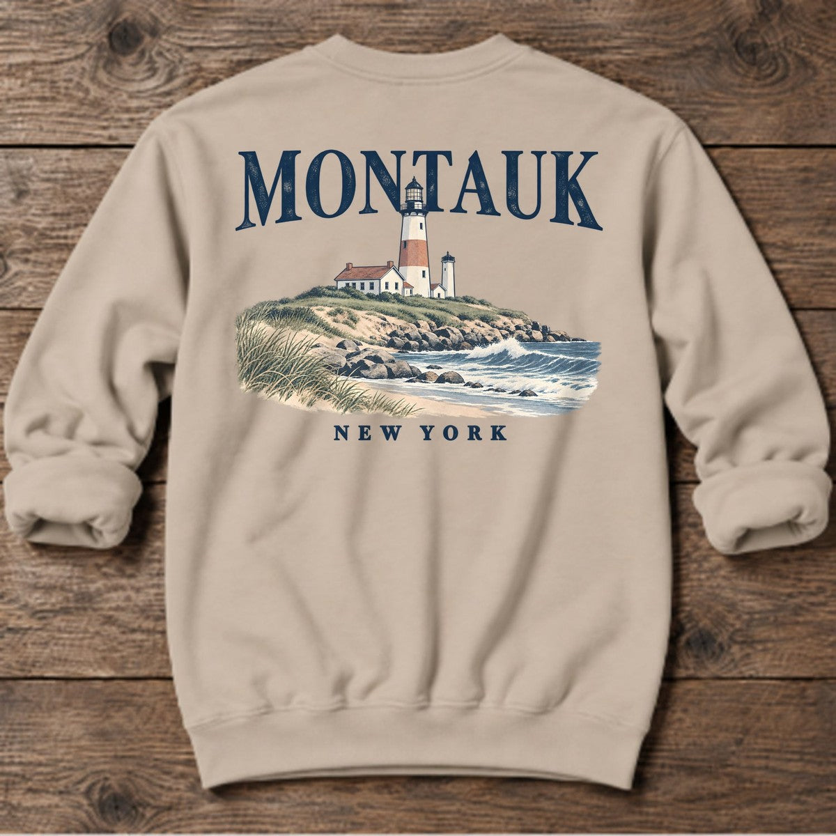 Montauk Lighthouse New York Back Design Midweight Sweatshirt in Sand, Salty Paws Midweight Sweatshirt, back design flat lay