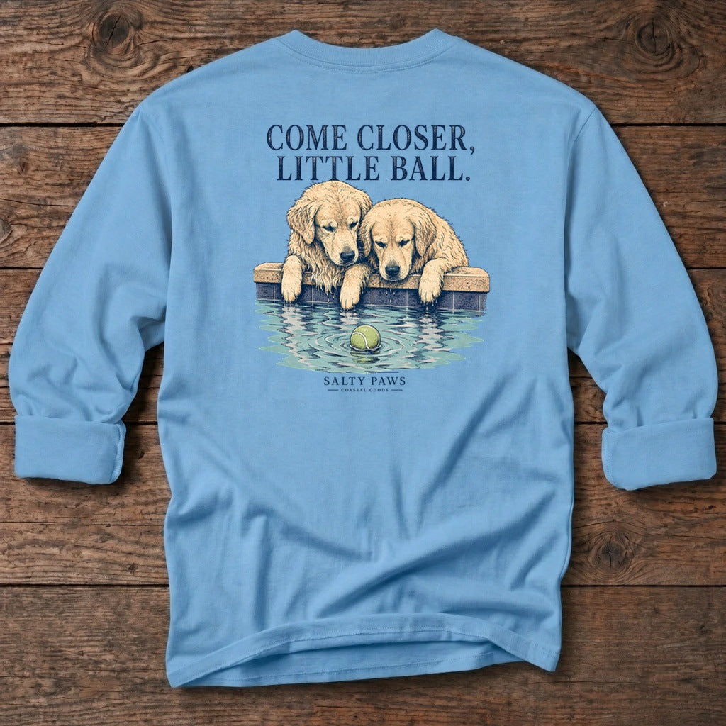 Come Closer Retrievers Back Design T-Shirt in Carolina Blue, Salty Paws coastal long sleeve tee