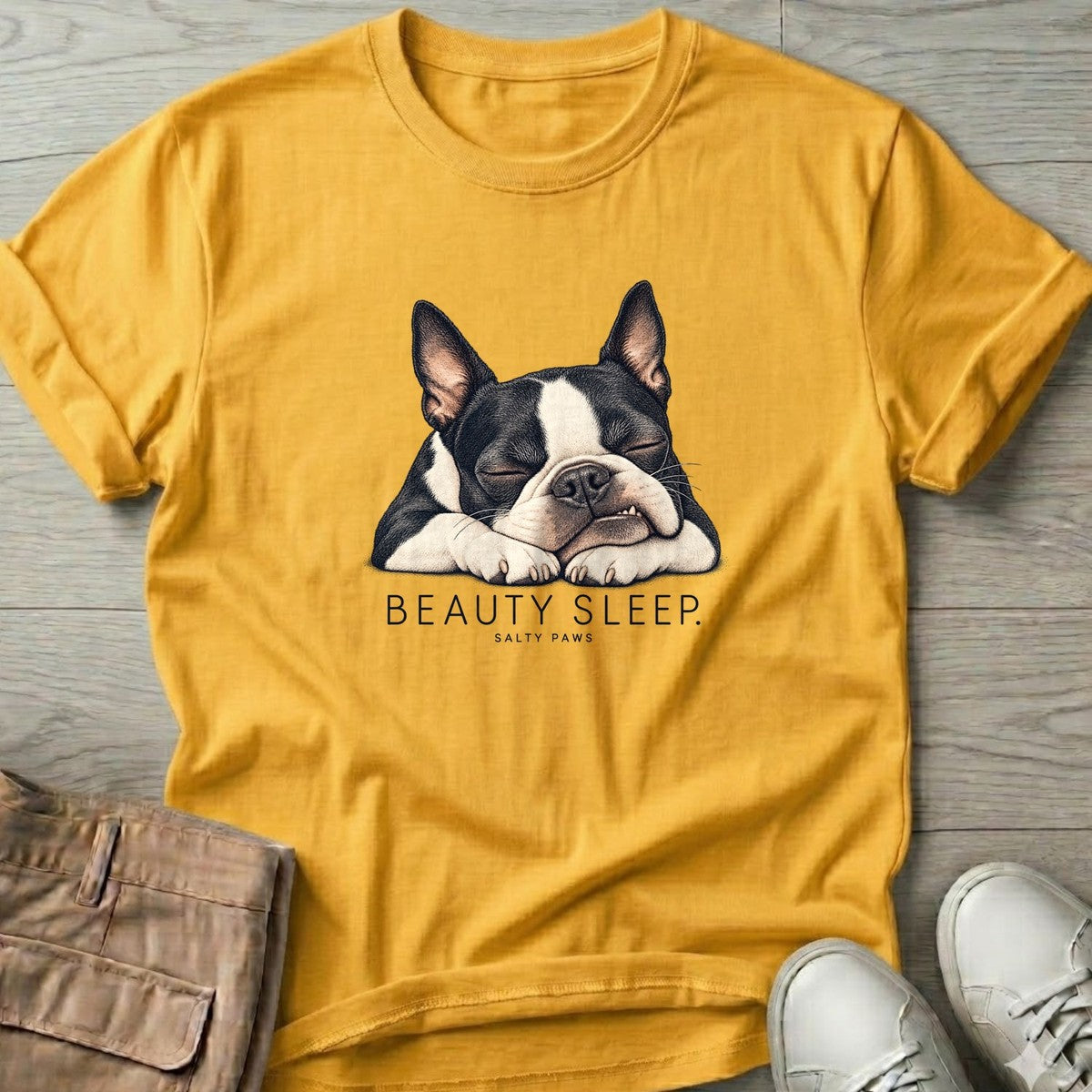 Beauty Sleep Boston Terrier T-Shirt in Daisy, Salty Paws T-Shirt, front design flat lay