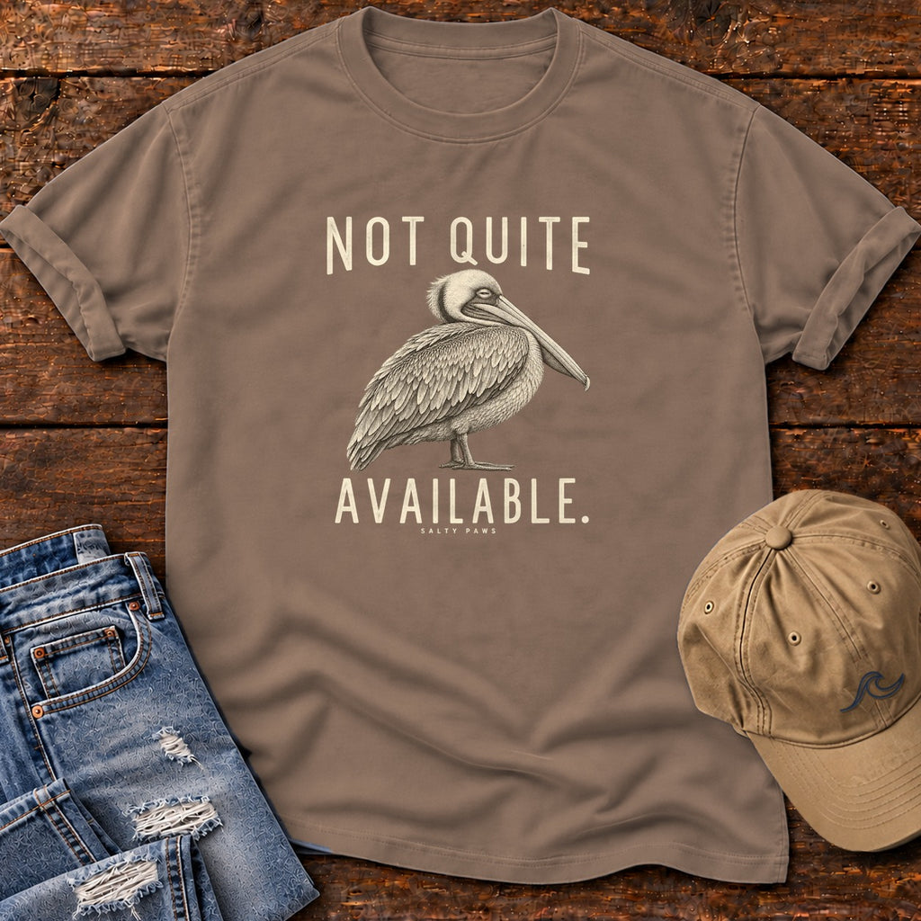 Not Quite Available Pelican T-Shirt in Espresso, Salty Paws Comfort Colors T-Shirt, front design flat lay