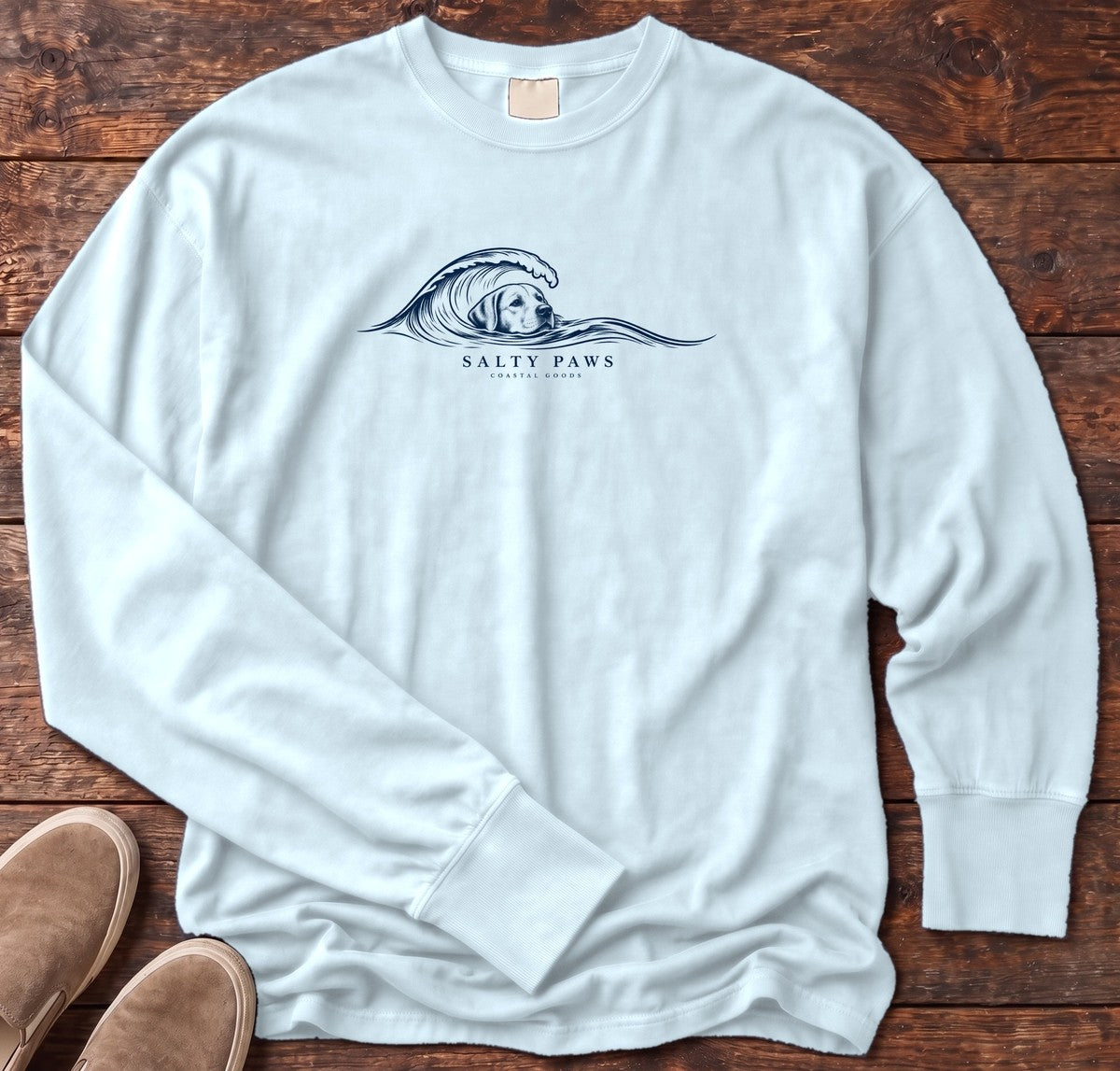 Labrador Wave Long Sleeve Tee in Chambray, Salty Paws Comfort Colors long sleeve tee
