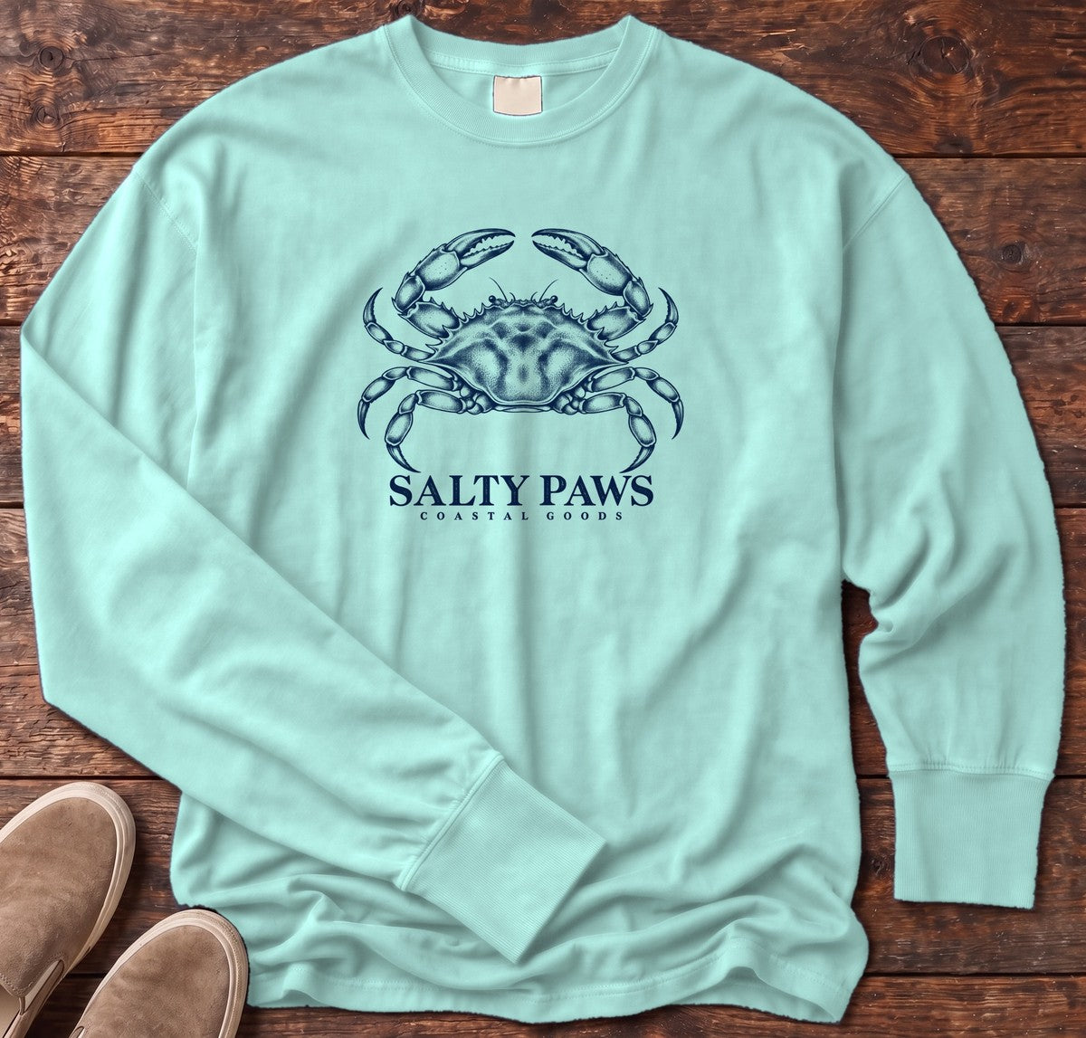 Blue Crab Coastal Goods Long Sleeve Tee in Chalky Mint, Salty Paws Comfort Colors Long Sleeve Tee, front design flat lay