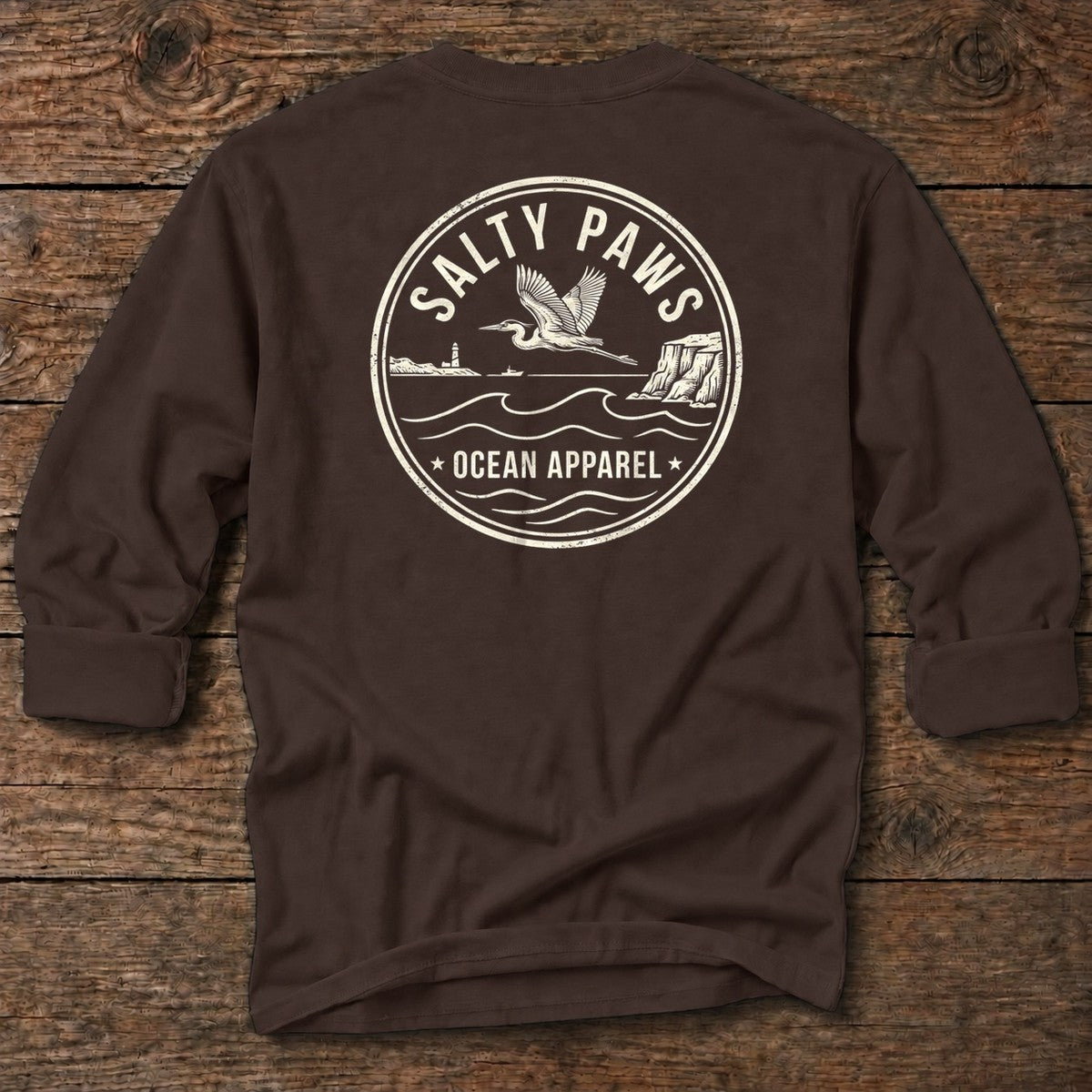 Heron Emblem Back Design T-Shirt in Dark Chocolate, Salty Paws coastal long sleeve tee