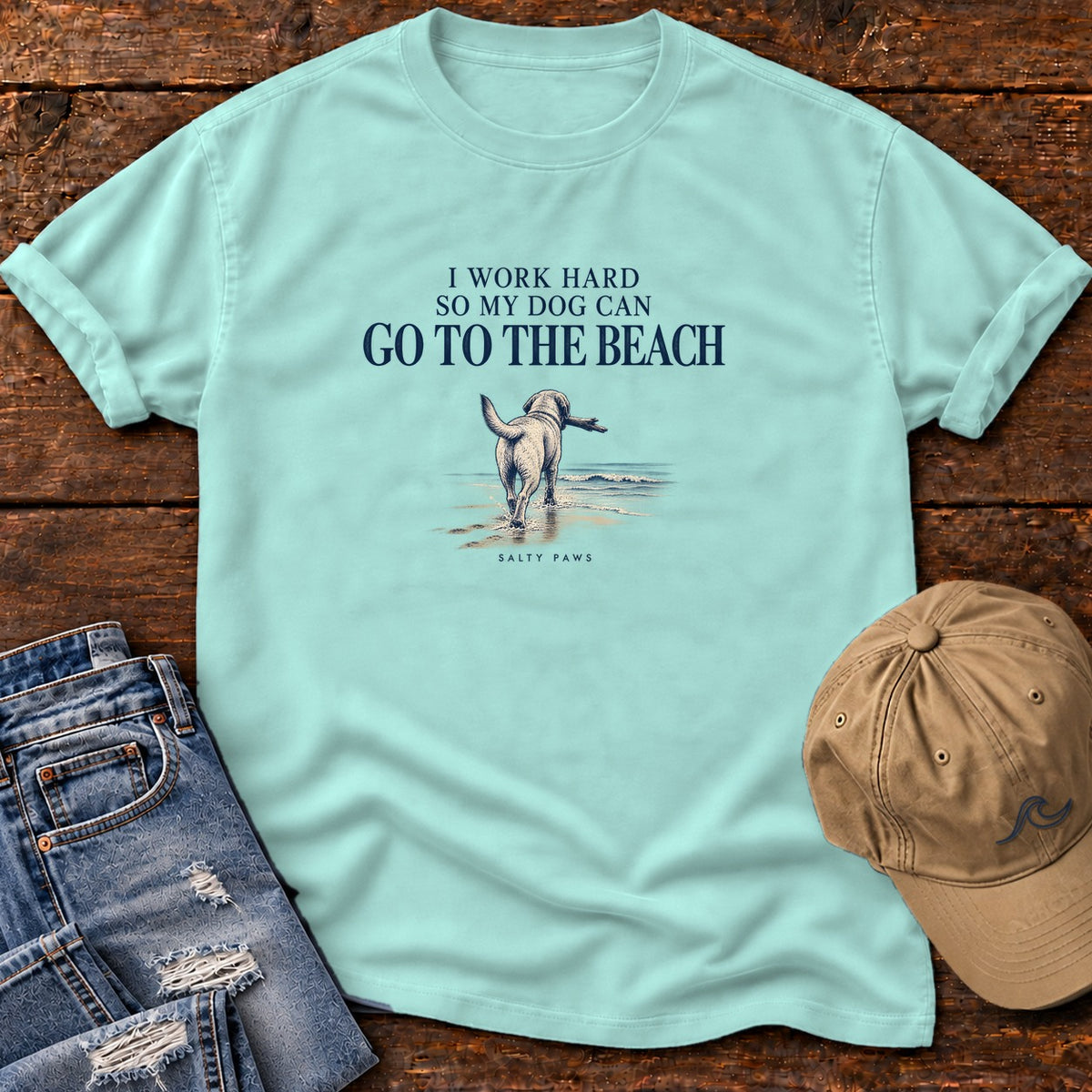 I Work Hard So My Dog Can Go to the Beach T-Shirt in Chalky Mint, Salty Paws Comfort Colors T-Shirt, front design flat lay