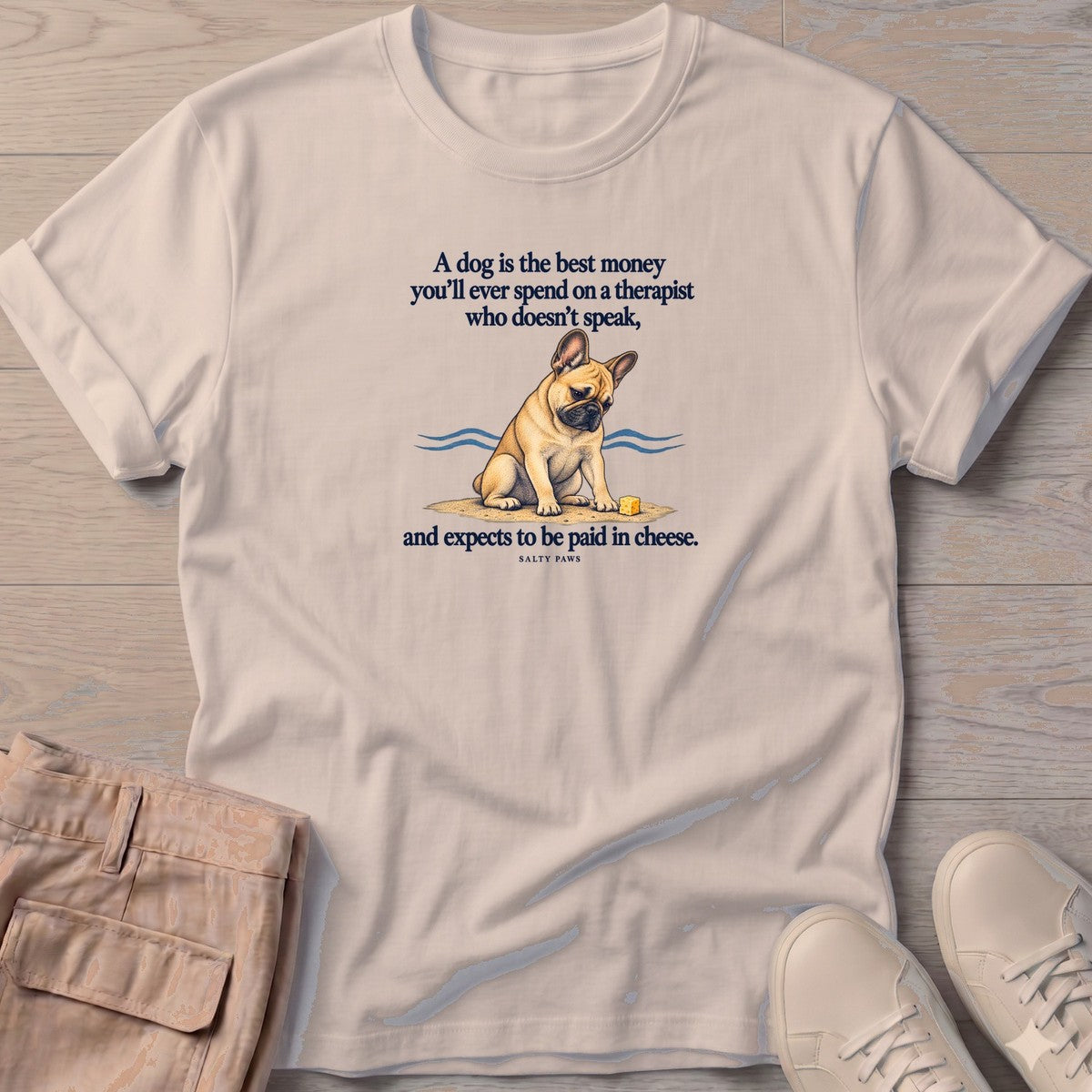 Paid in Cheese French Bulldog T-Shirt in Sand, Salty Paws T-Shirt, front design flat lay