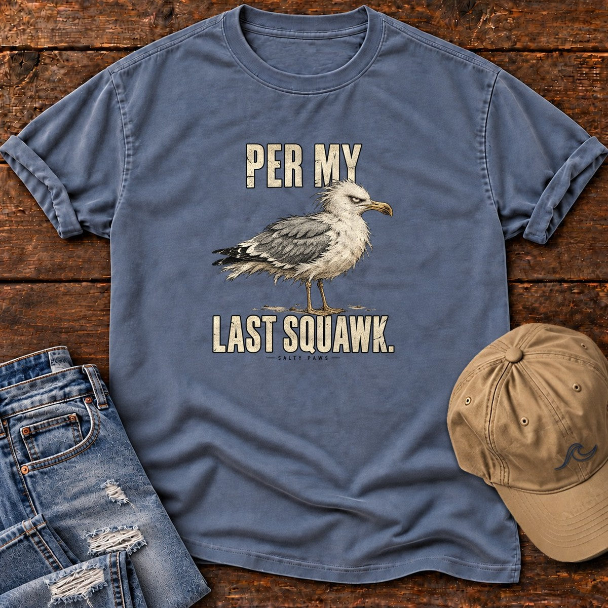 Per My Last Squawk Seagull T-Shirt in Blue Jean, Salty Paws Comfort Colors T-Shirt, front design flat lay