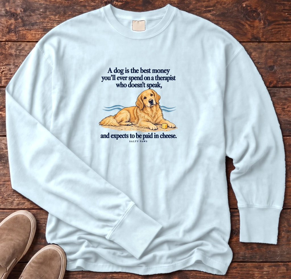 Paid in Cheese Golden Retriever Long Sleeve Tee in Chambray, Salty Paws Comfort Colors Long Sleeve Tee, front design flat lay