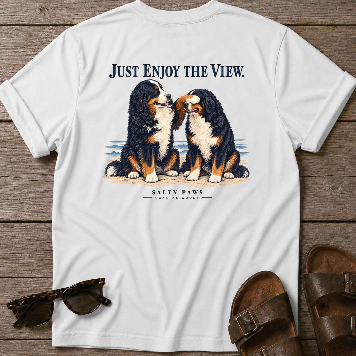 Just Enjoy the View Bernese Back Design T-Shirt in White, Salty Paws T-Shirt, back design flat lay
