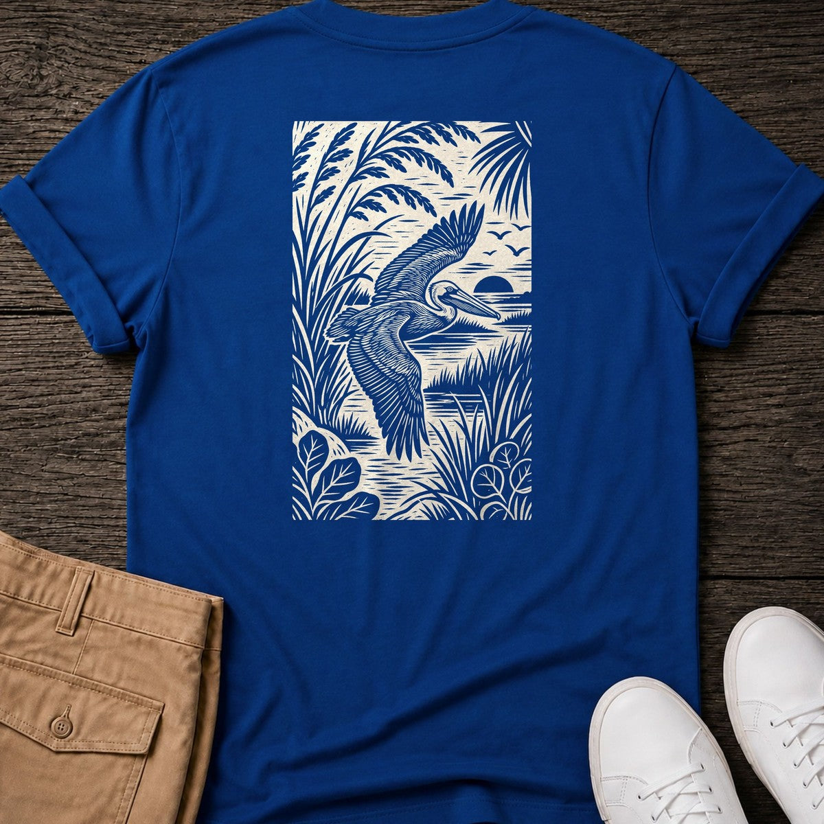 Pelican Woodcut Back Design T-Shirt in Royal, Salty Paws coastal t-shirt