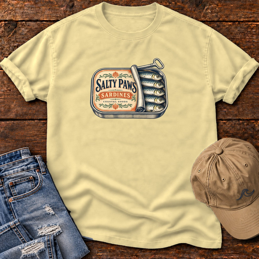 Salty Paws Sardines Coastal Goods T-Shirt in Butter, Salty Paws Comfort Colors T-Shirt, front design flat lay