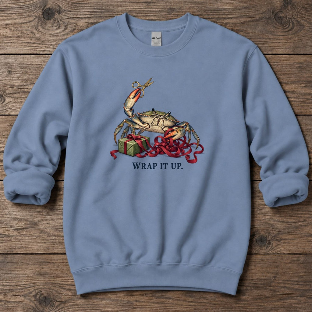 Wrap It Up Crab Midweight Sweatshirt in Stone Blue, Salty Paws Midweight Sweatshirt, front design flat lay