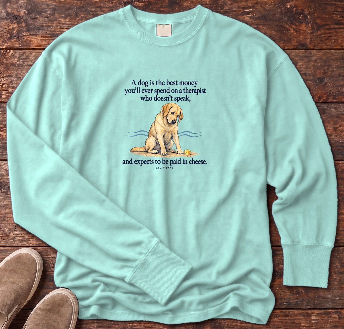 Paid in Cheese Yellow Lab Long Sleeve Tee in Chalky Mint, Salty Paws Comfort Colors Long Sleeve Tee, front design flat lay