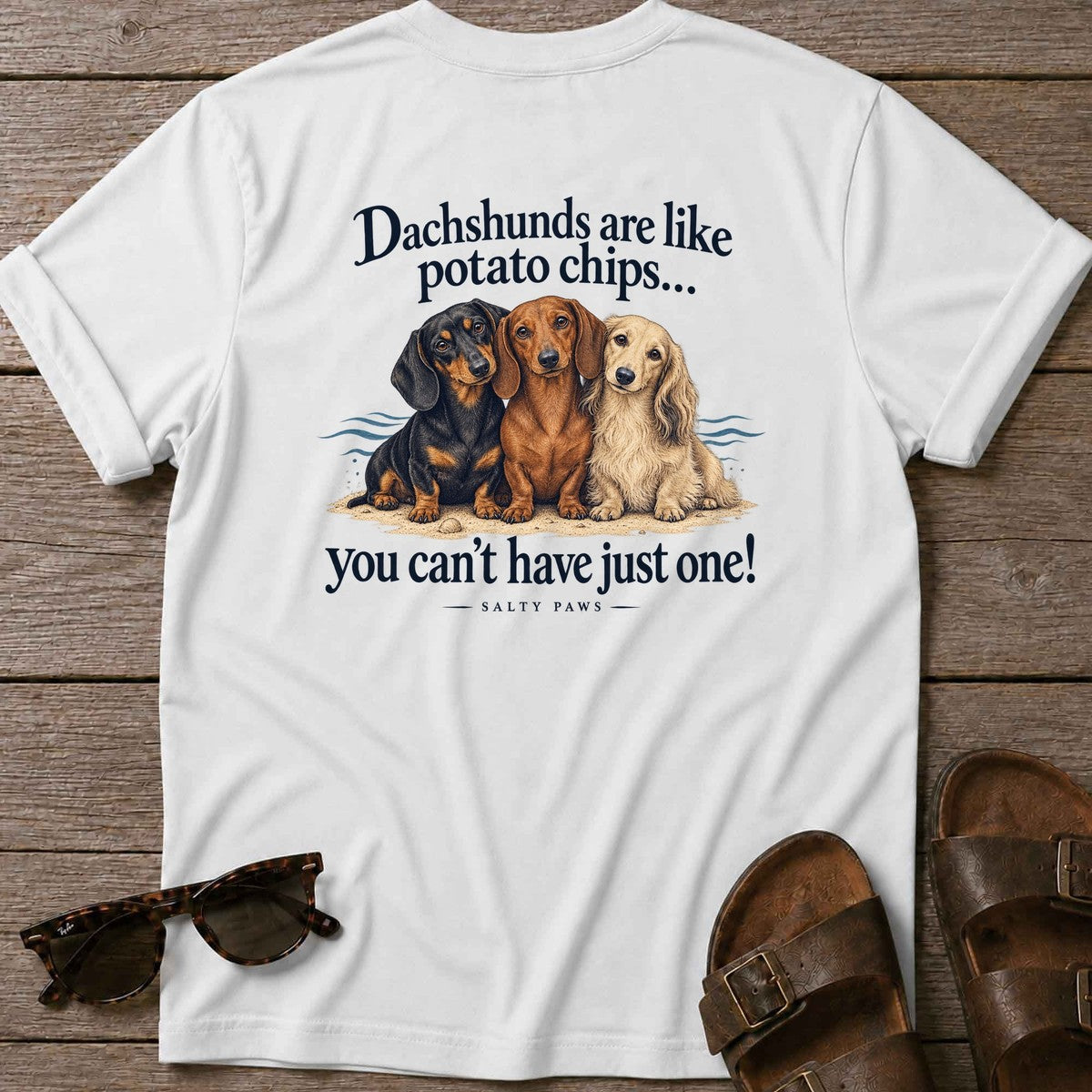 Dachshunds Are Like Potato Chips Back Design T-Shirt in White, Salty Paws T-Shirt, back design flat lay