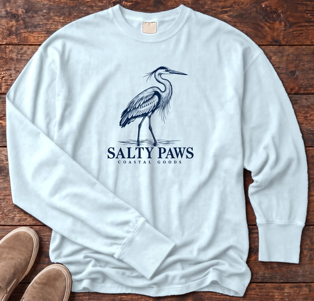 Great Blue Heron Coastal Goods Long Sleeve Tee in Chambray, Salty Paws Comfort Colors Long Sleeve Tee, front design flat lay