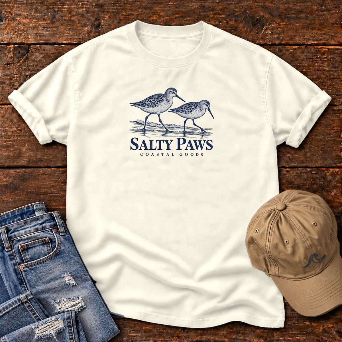 Two Sandpipers T-Shirt in Ivory, Salty Paws Comfort Colors T-Shirt, front design flat lay