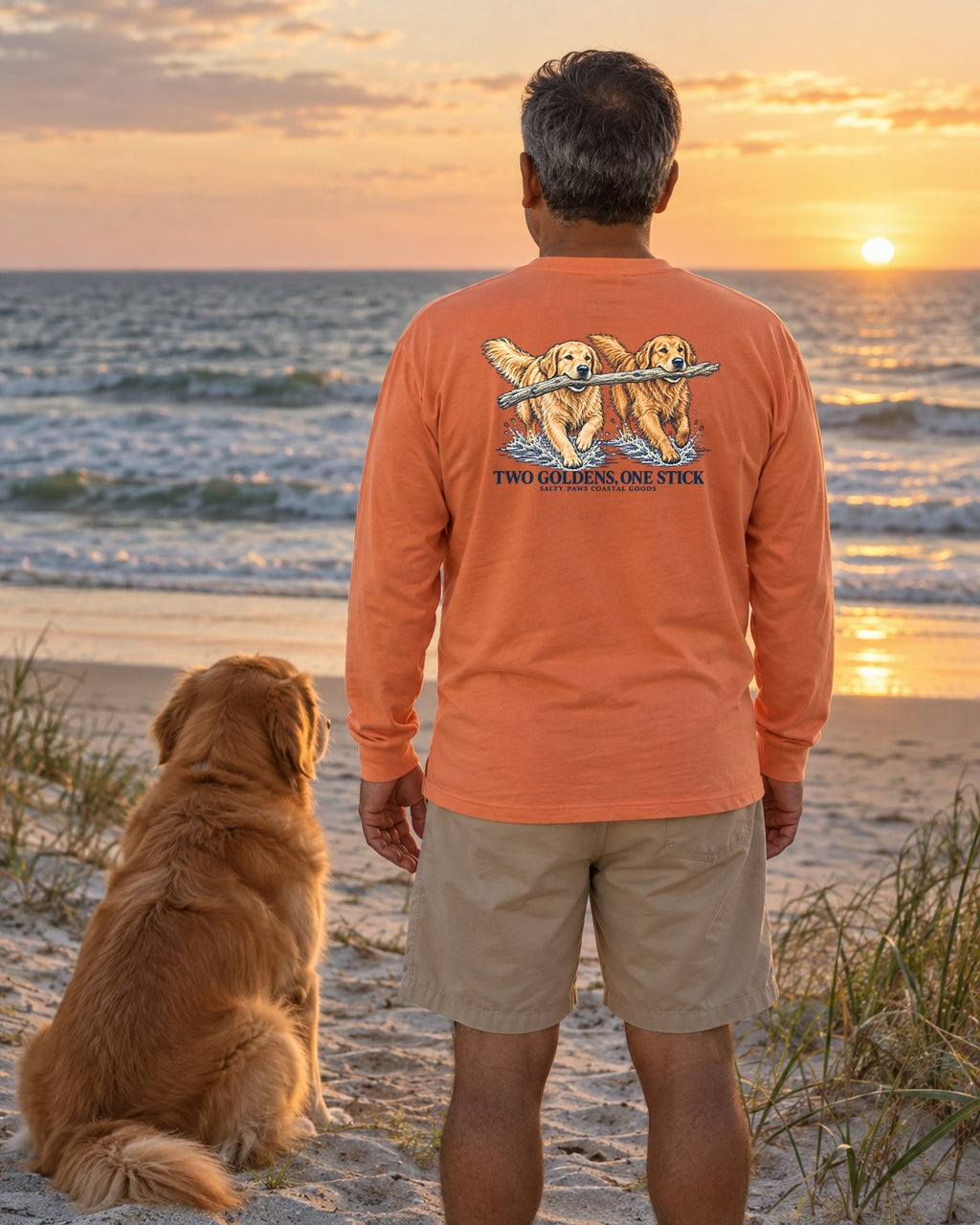 Two Goldens One Stick Back Design Long Sleeve Tee in Melon, worn by a model, Salty Paws Comfort Colors long sleeve tee
